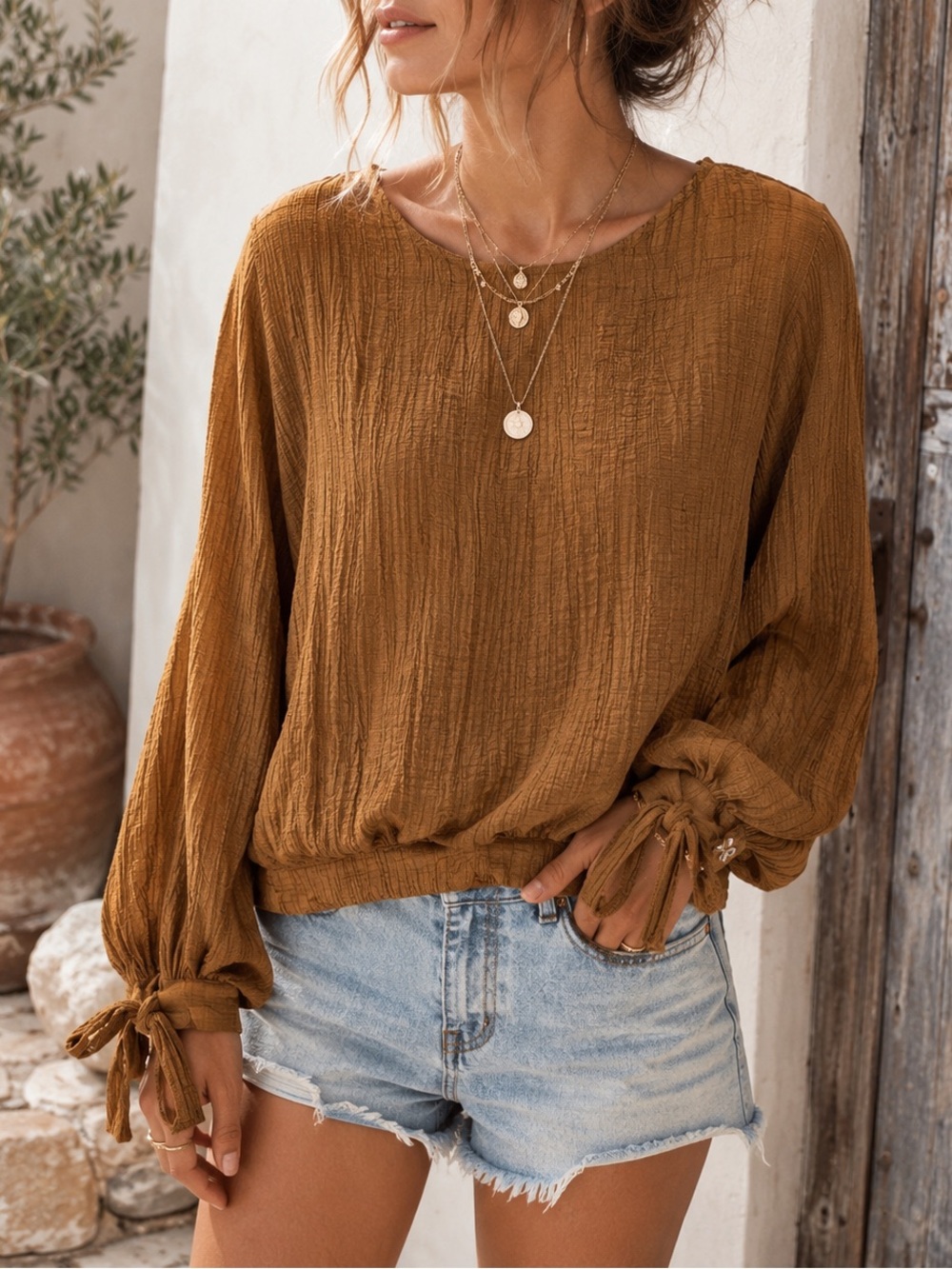 Favlux Camel Crinkle Gauze Tie Sleeve Boho Blouse Top Women’s Large